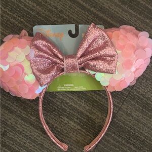 Disney Iridescent Pink Sequin Easter Minnie Ear Headband with Glitter Bow